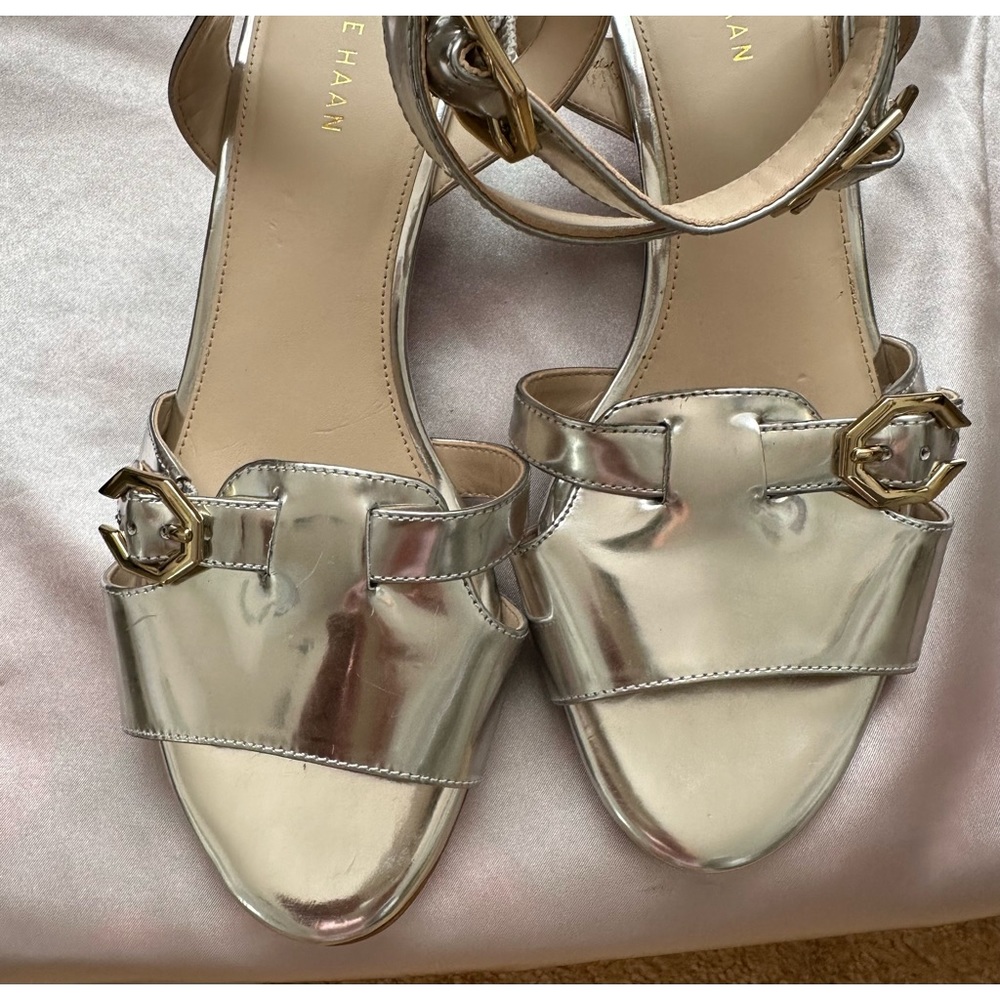 Cole Haan Metallic Silver Low Wedge Ankle Strap Sandals 7M